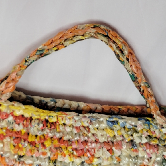 Vintage Handmade plastic bag mini tote bag fabric lined upcycled repurposed - Picture 6 of 10